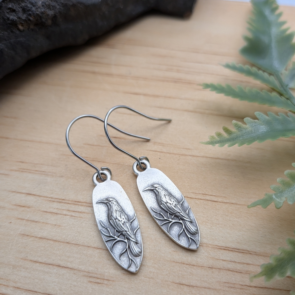 Raven Dangle Earrings / Black Bird / Crow - Picture 2 of 4